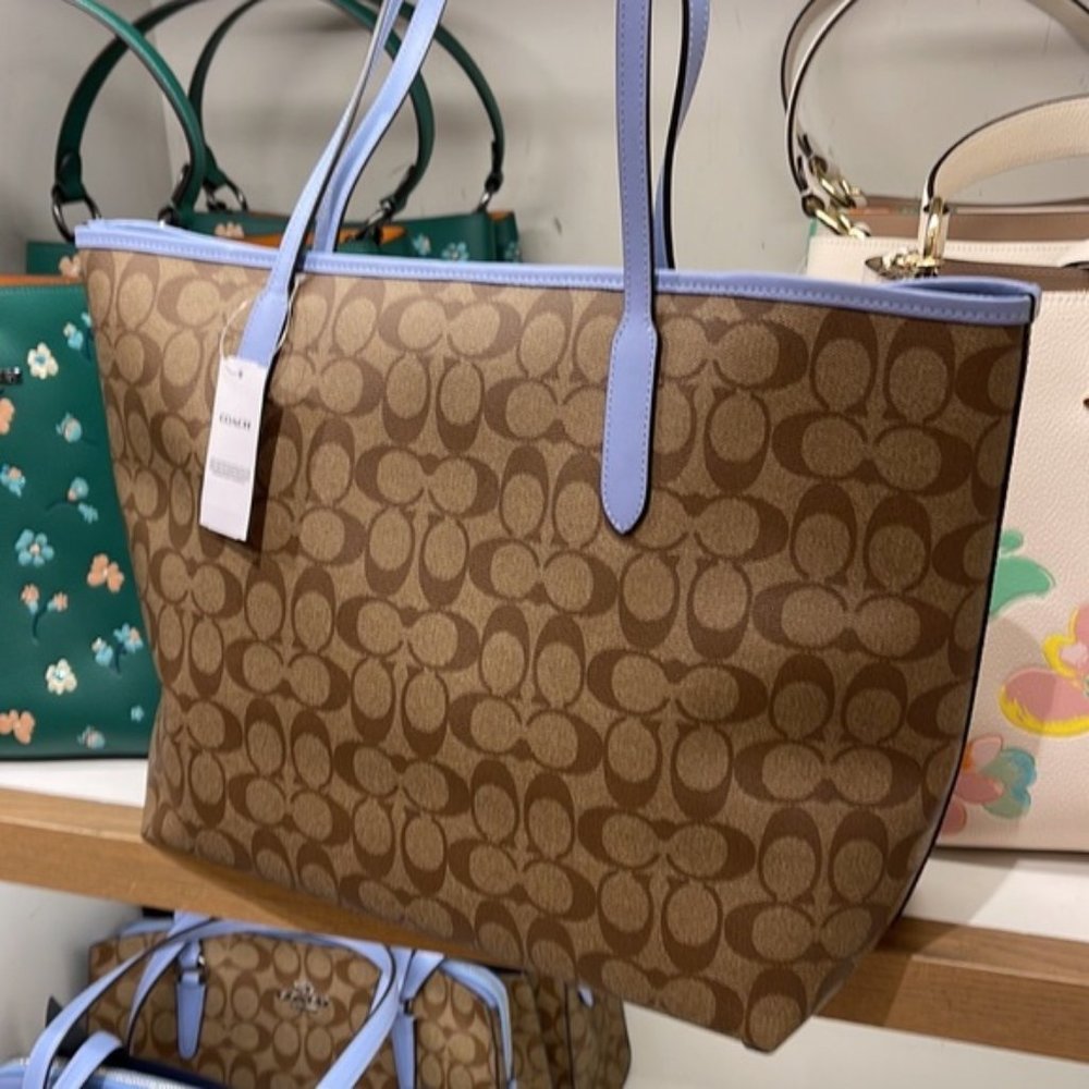 Coach 5696 City Tote In Signature Canvas In Khaki/Marble Blue - Picture 9 of 16